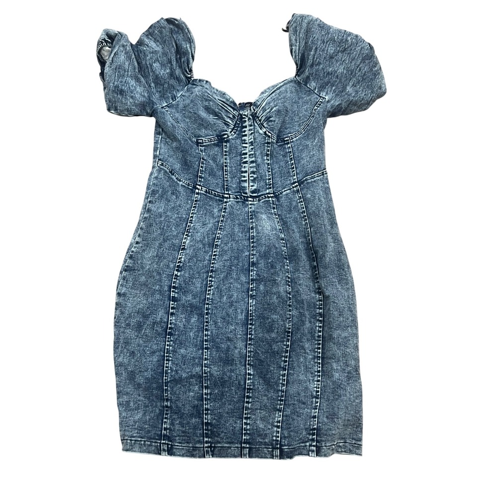 Fashion Nova Denim Mini Dress Women Puff Sleeve Acid Wash Sz M Y2K 90s Bodycon